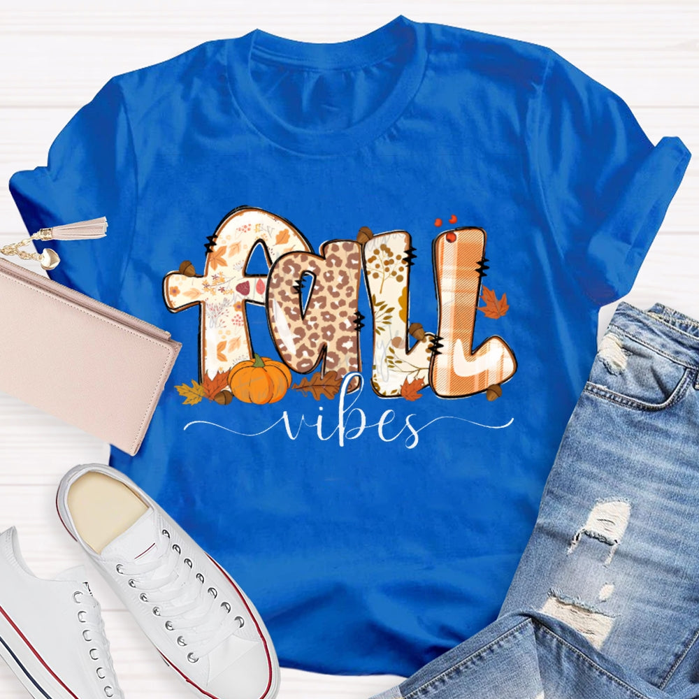 Fall Vibes Leopard Print Font And Maple Leaves T-shirt