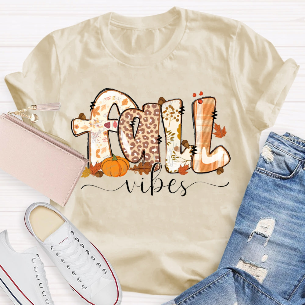 Fall Vibes Leopard Print Font And Maple Leaves T-shirt