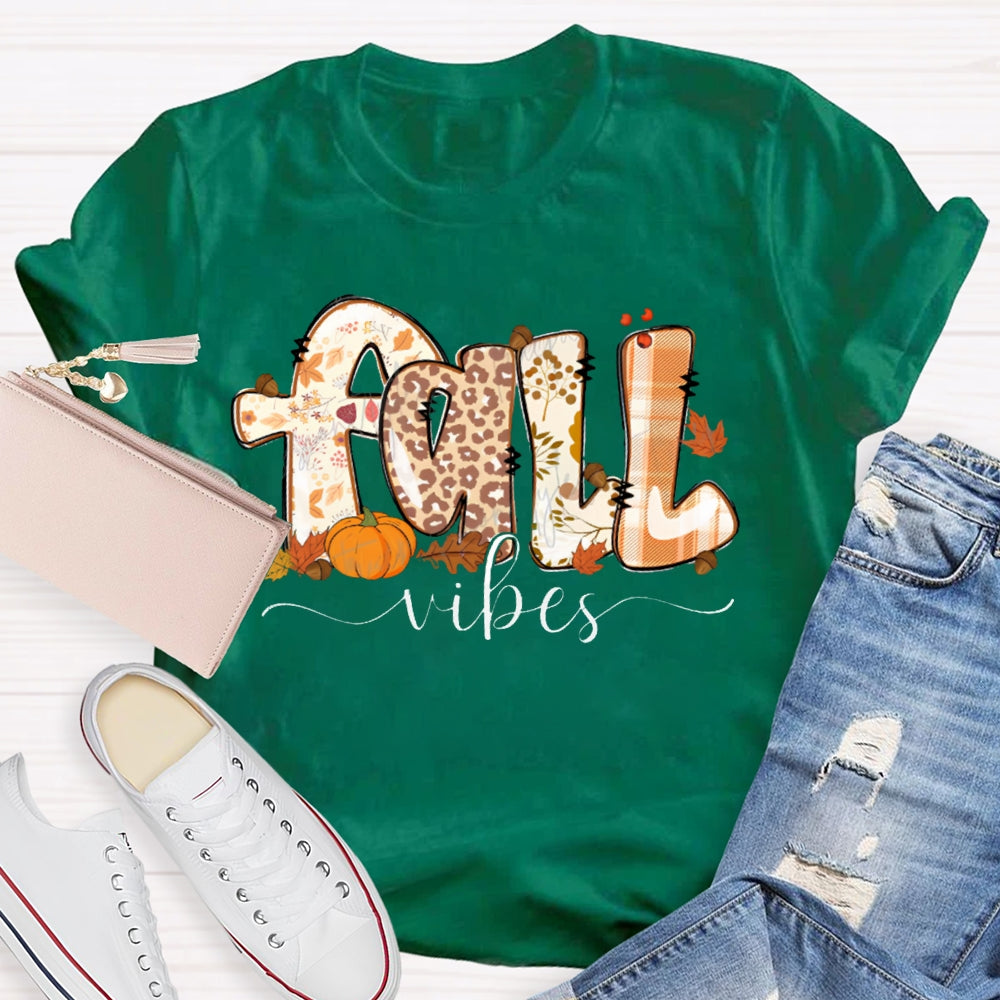 Fall Vibes Leopard Print Font And Maple Leaves T-shirt