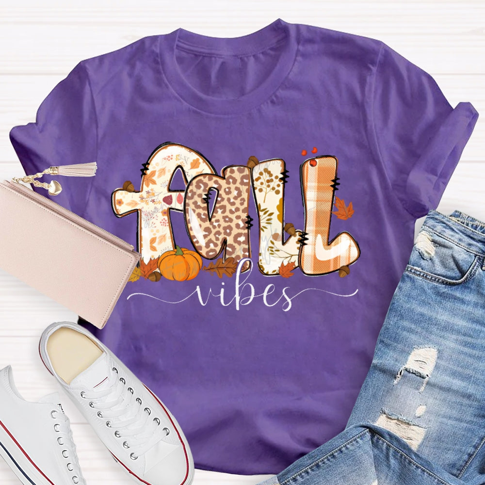 Fall Vibes Leopard Print Font And Maple Leaves T-shirt