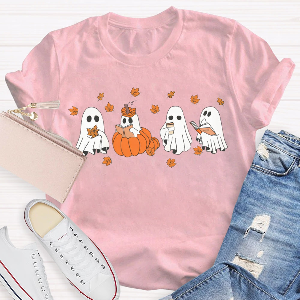 A Group Of Cute Little Ghosts Readin Funny Halloween T-shirt