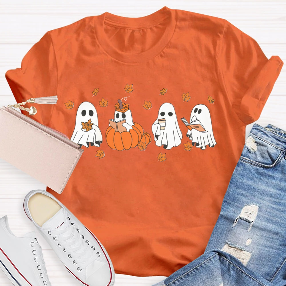 A Group Of Cute Little Ghosts Readin Funny Halloween T-shirt
