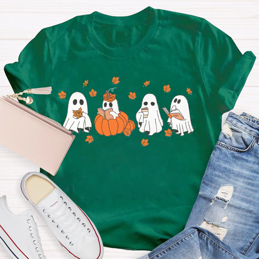 A Group Of Cute Little Ghosts Readin Funny Halloween T-shirt