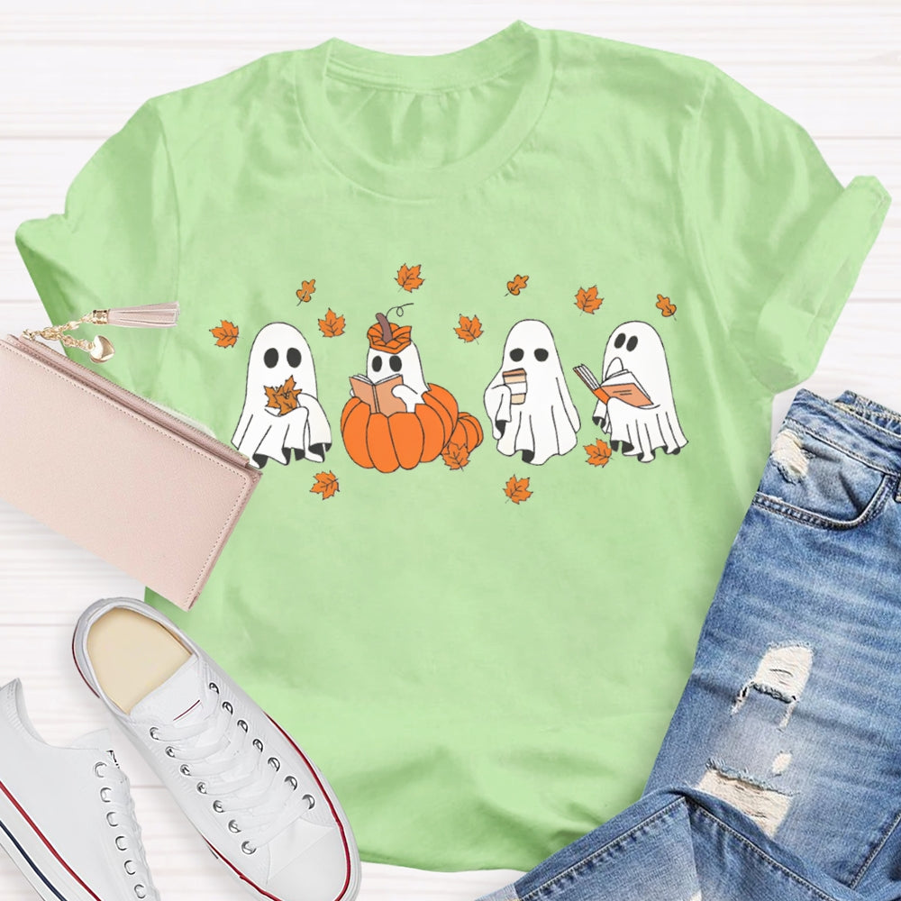 A Group Of Cute Little Ghosts Readin Funny Halloween T-shirt