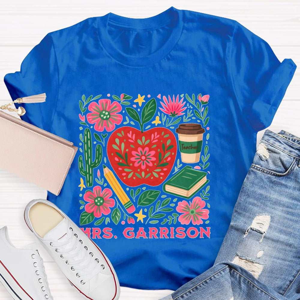 Personalized Name Teacher Flower Apple Funny T-shirt