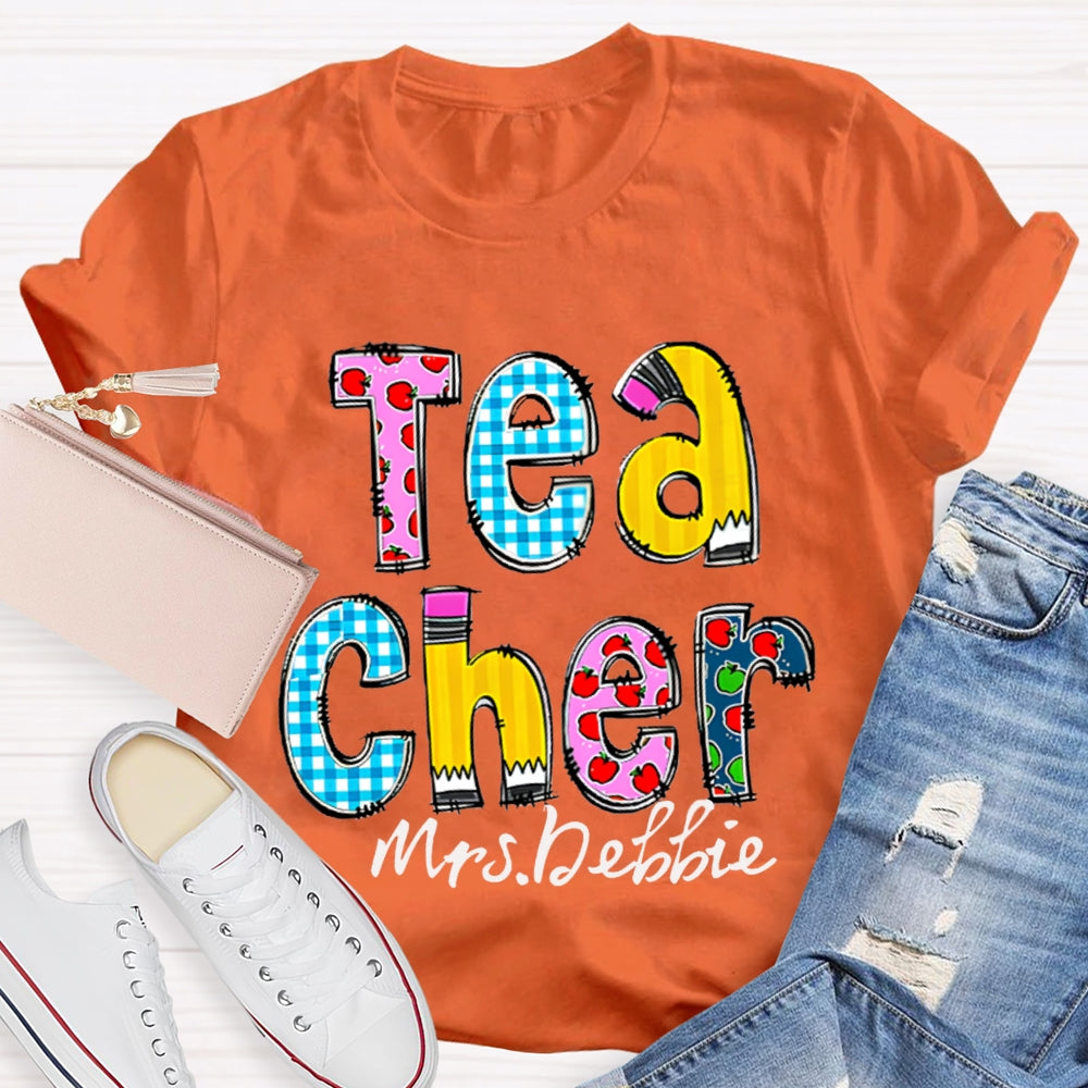 Personalized Name Teacher Letter Pencil Apple Pattern T-Shirt