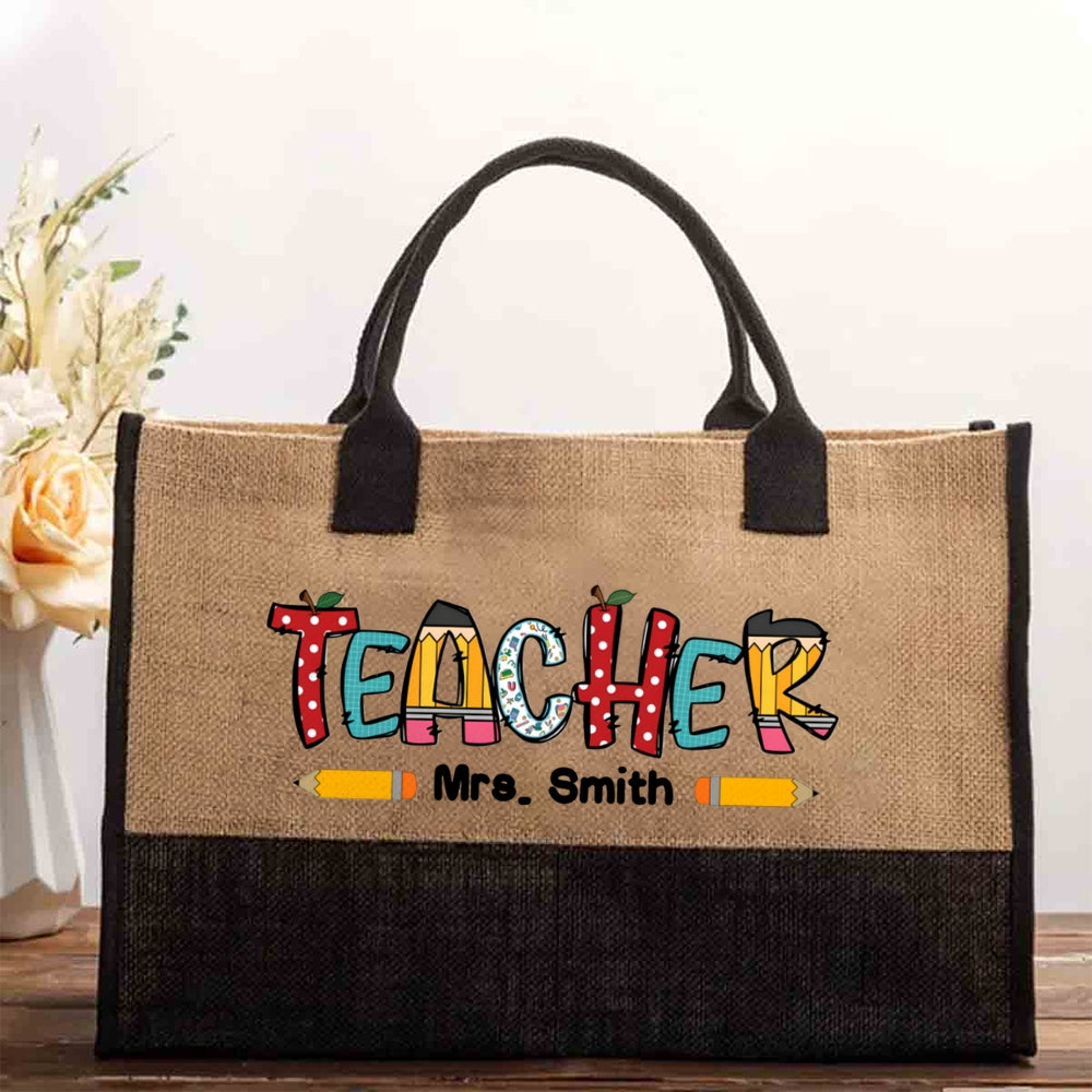 Personalized Name Crayon Apple Dot Print Cotton Tote Bag