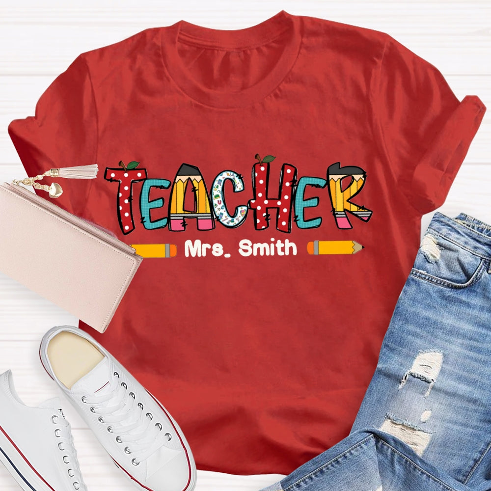 Personalized Name Crayon Apple Dot Back To School Teacher T-shirt