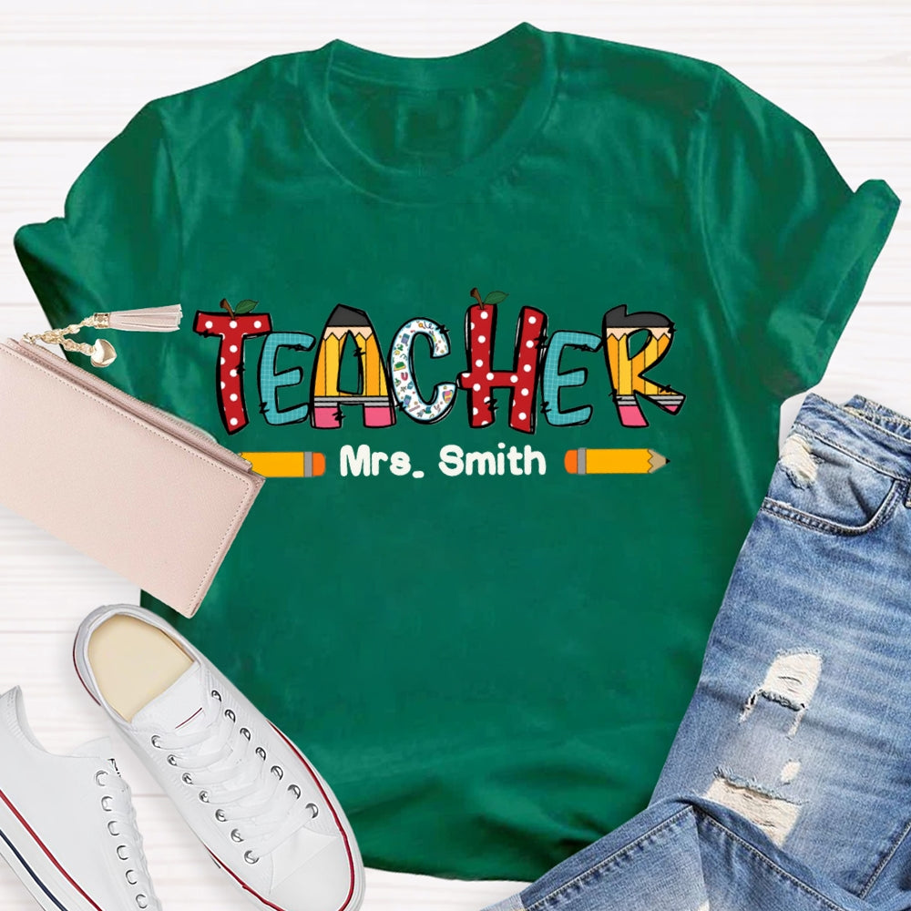 Personalized Name Crayon Apple Dot Back To School Teacher T-shirt