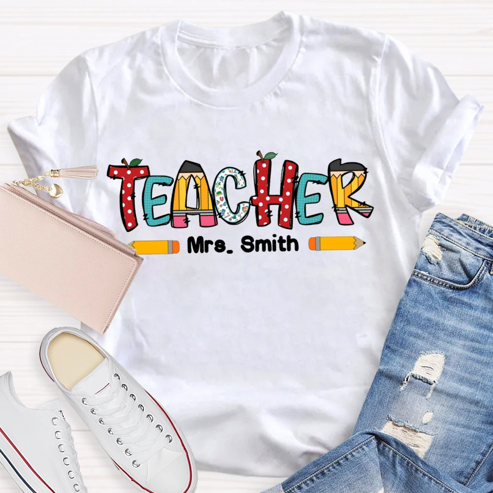 Personalized Name Crayon Apple Dot Back To School Teacher T-shirt