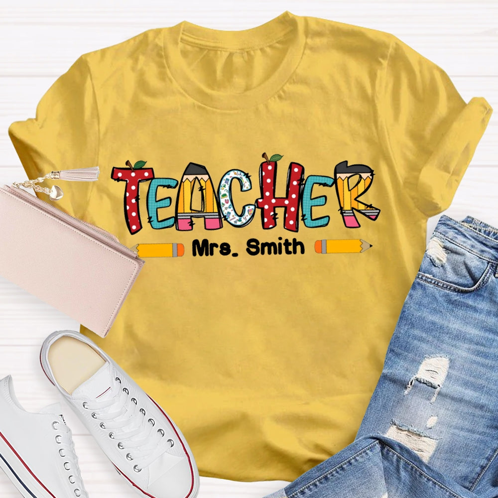 Personalized Name Crayon Apple Dot Back To School Teacher T-shirt