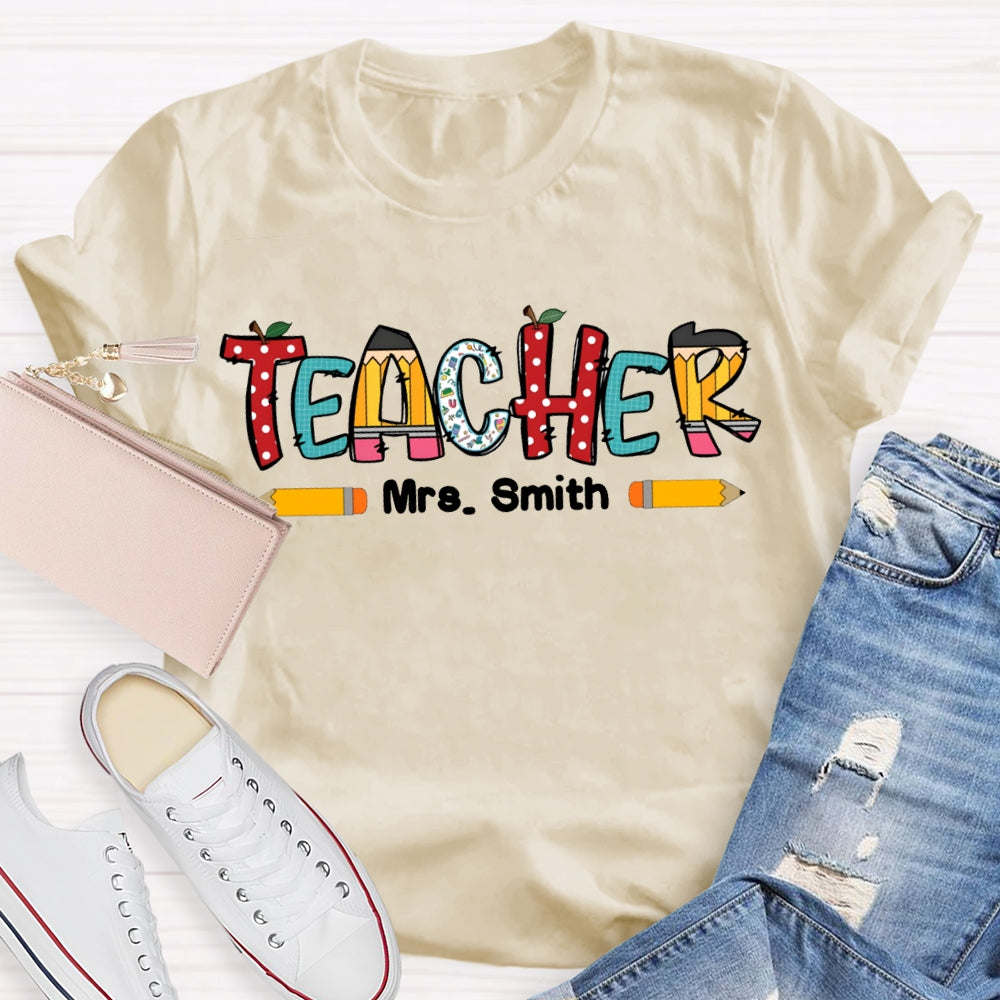 Personalized Name Crayon Apple Dot Back To School Teacher T-shirt