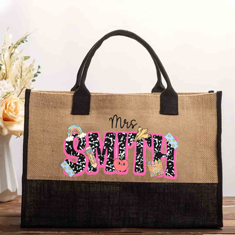 Personalized Name Crayon Apple Rainbow Print Cotton Tote Bag