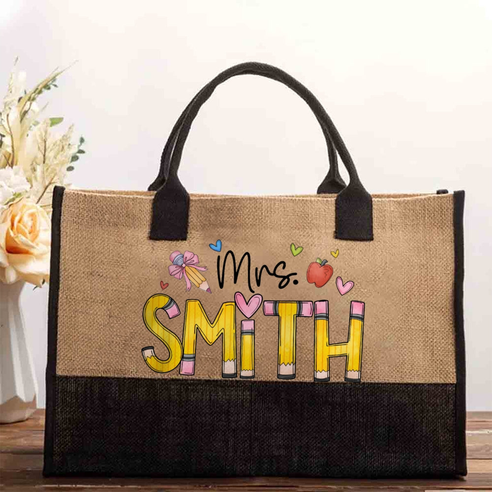 Personalized Name Crayon Apple Print Cotton Tote Bag