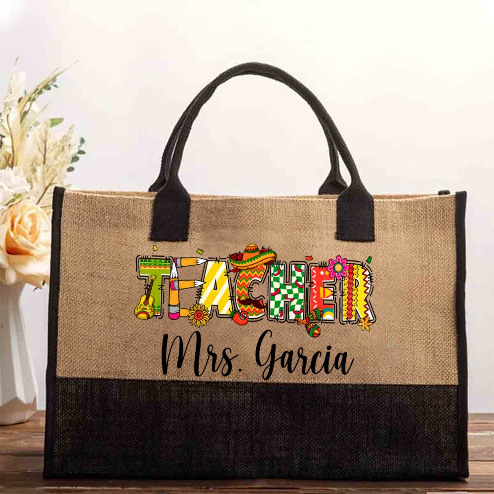 Personalized Teacher Name Spanish Flower Cotton Tote Bag