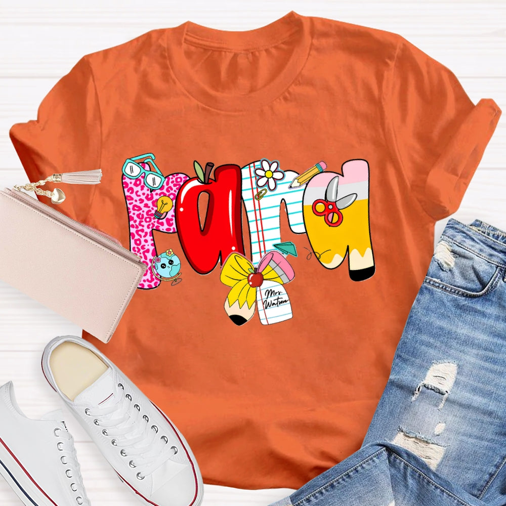 Personalized Name Para Colorful Fonts And Apple Bow T-shirt
