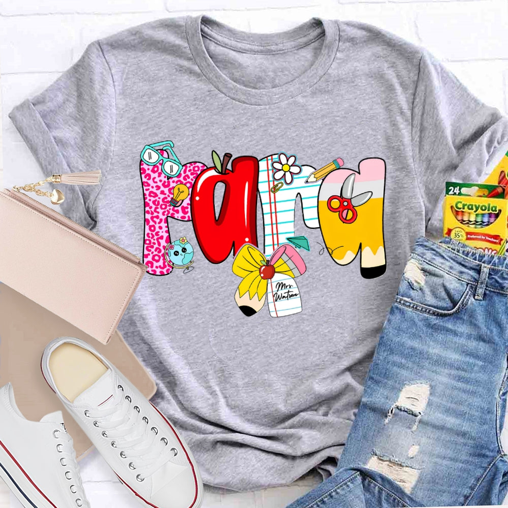 Personalized Name Para Colorful Fonts And Apple Bow T-shirt