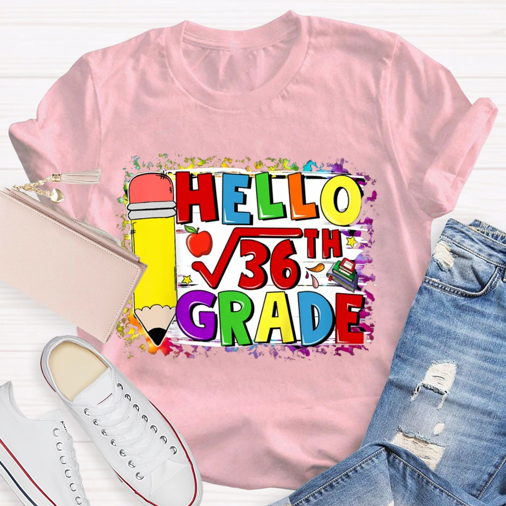 Personalized Name Hello Math Yellow Pencil And Tie-Dye Strokes Math Teacher T-Shirt