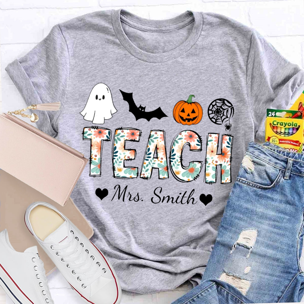 Personalized Name Teach Colorful Printed Fonts Funny Halloween T-shirt