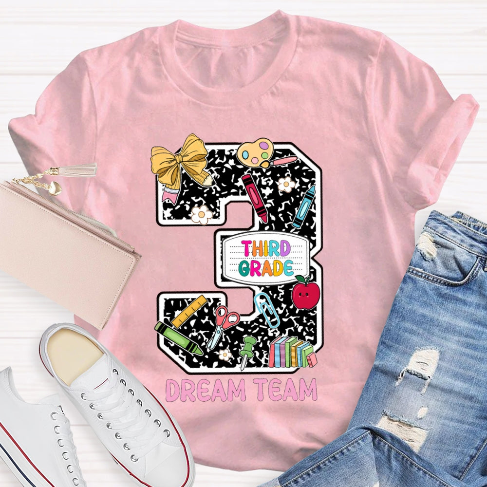 Personalized Grade Third Grade Dream Team Polka Dot Bow Numbers T-shirt