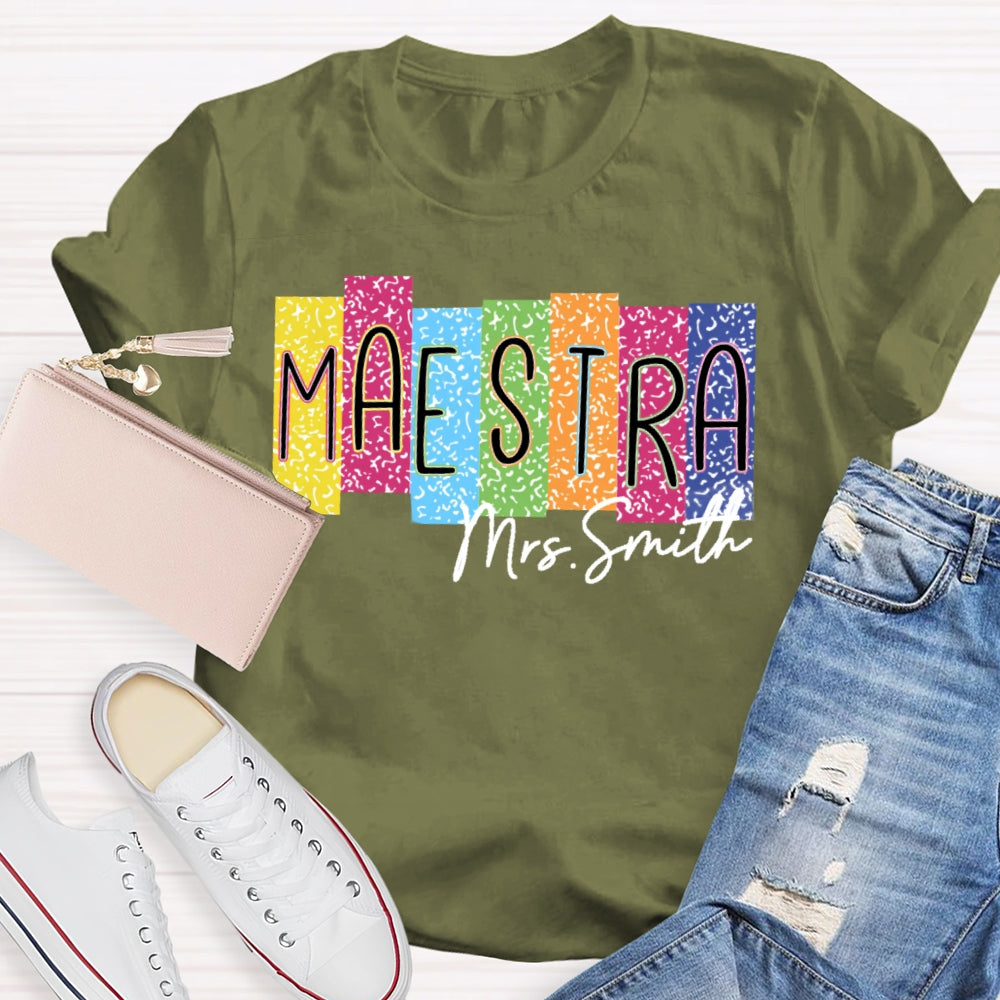 Personalized Name Maestra Colorful Leopard Print  T-shirt