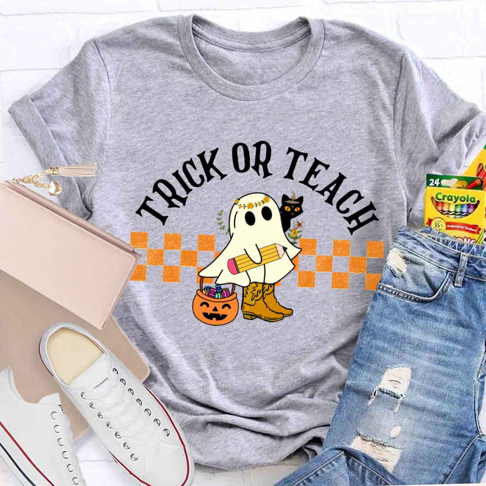 Trick Or Teach Cute Ghost Holding A Pencil Halloween T-shirt