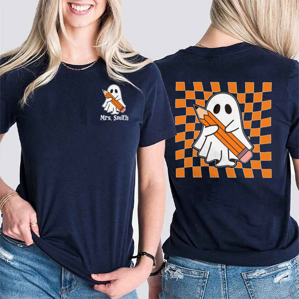 Personalized Name Spooky Halloween Funny Double Printed T-shirt