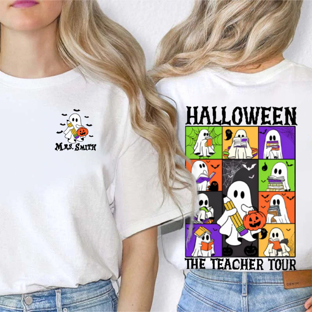 Personalized Name Halloween The Teacher Tour Double Printed T-shirt