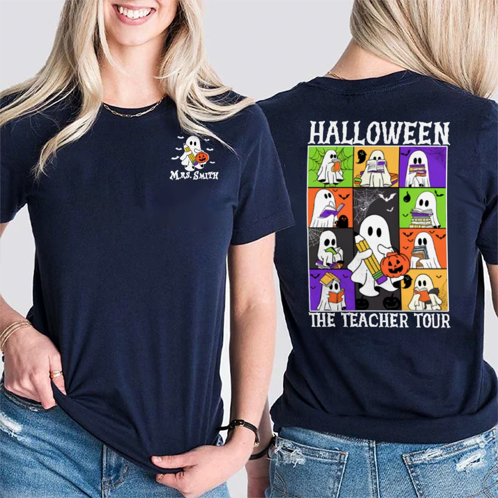 Personalized Name Halloween The Teacher Tour Double Printed T-shirt