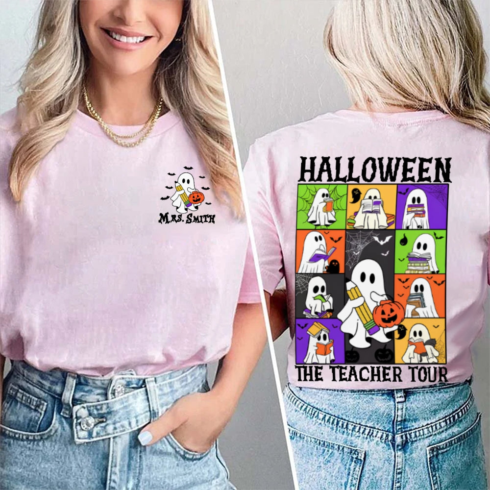 Personalized Name Halloween The Teacher Tour Double Printed T-shirt