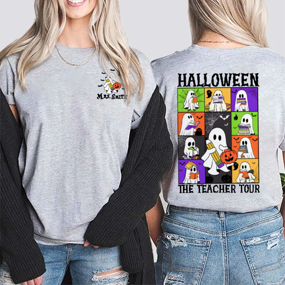 Personalized Name Halloween The Teacher Tour Double Printed T-shirt