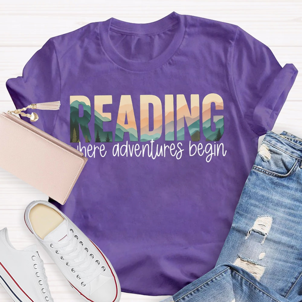 Reading Where Adventures Begin Colorful Gradient Font T-shirt