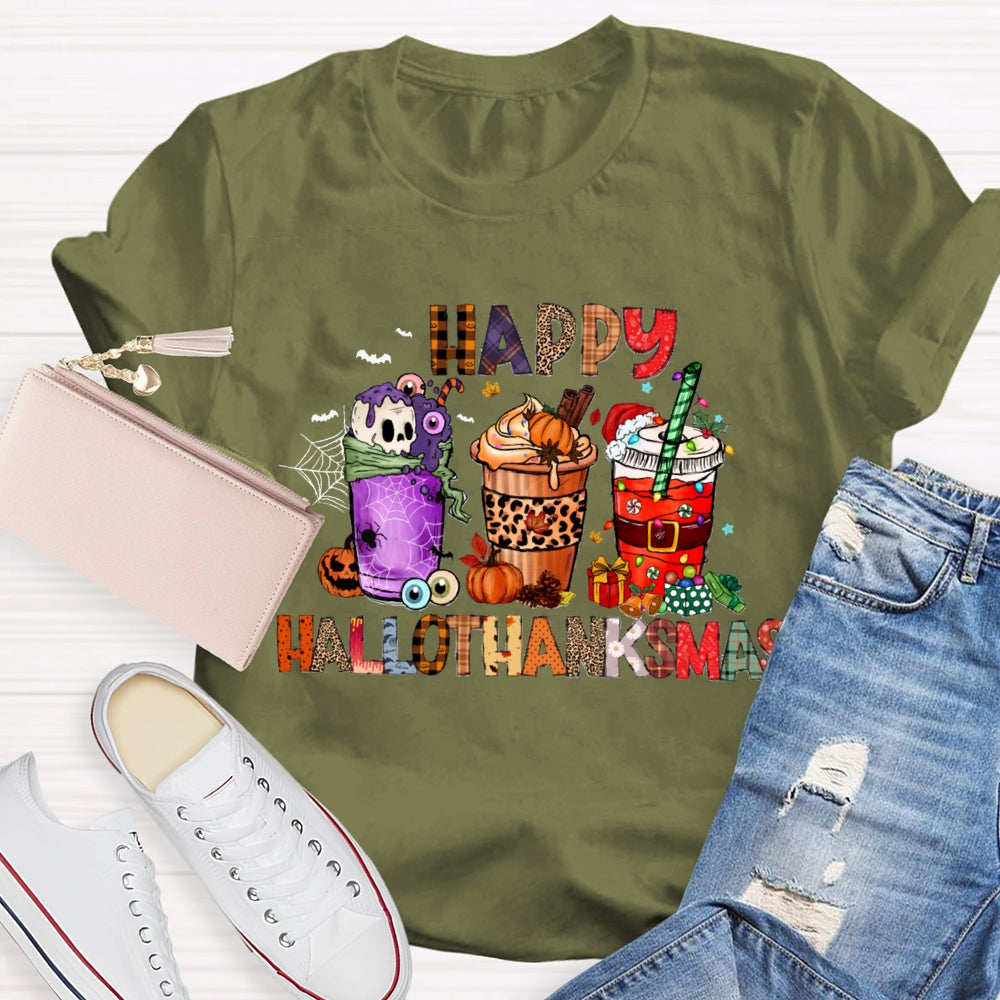 Happy Hallothanksmas Funny Colorful Coffee Cups T-shirt