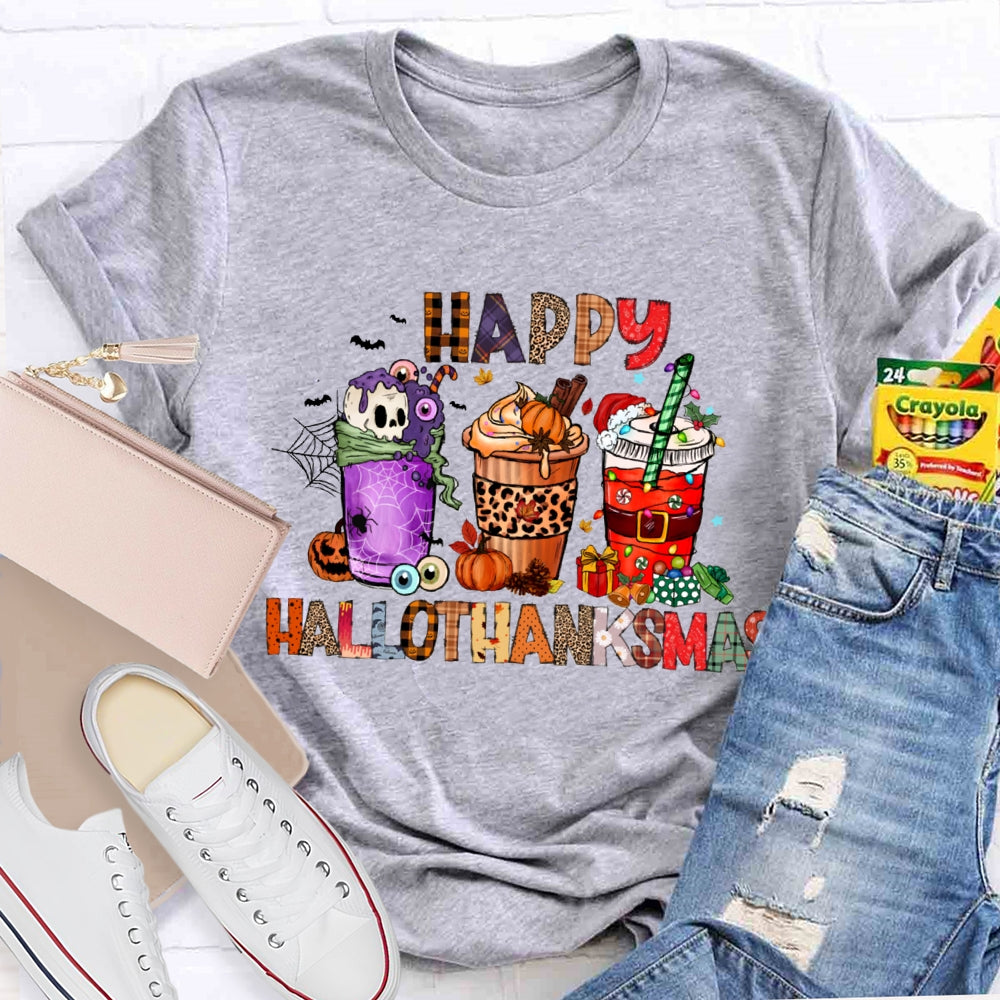 Happy Hallothanksmas Funny Colorful Coffee Cups T-shirt
