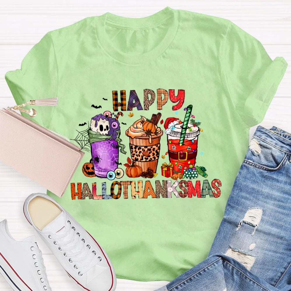 Happy Hallothanksmas Funny Colorful Coffee Cups T-shirt