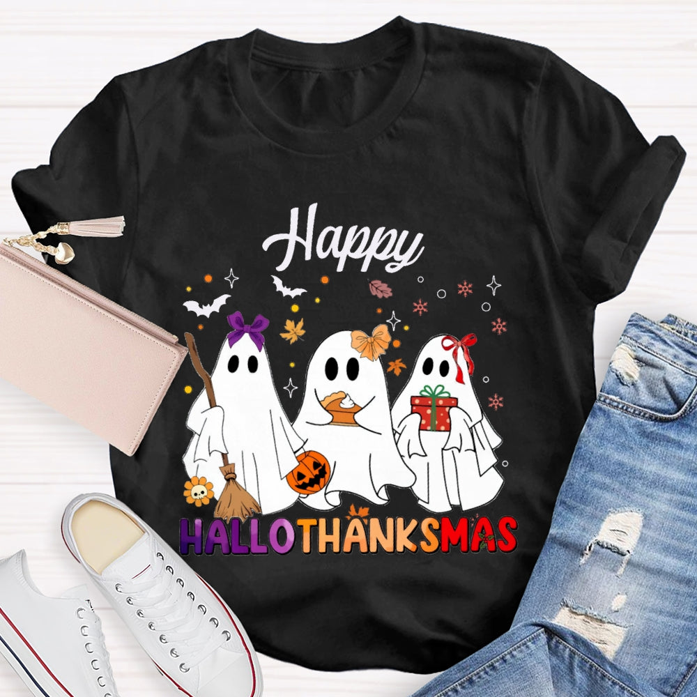 Happy Hallothankmas Three Cute Ghosts Holding Gifts T-shirt