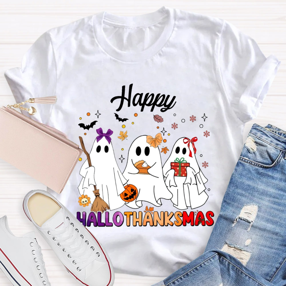 Happy Hallothankmas Three Cute Ghosts Holding Gifts T-shirt