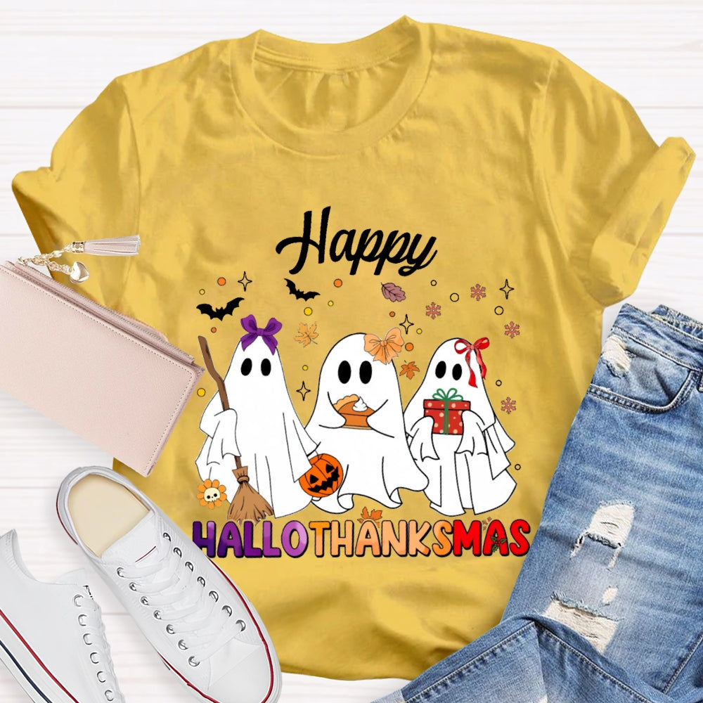 Happy Hallothankmas Three Cute Ghosts Holding Gifts T-shirt