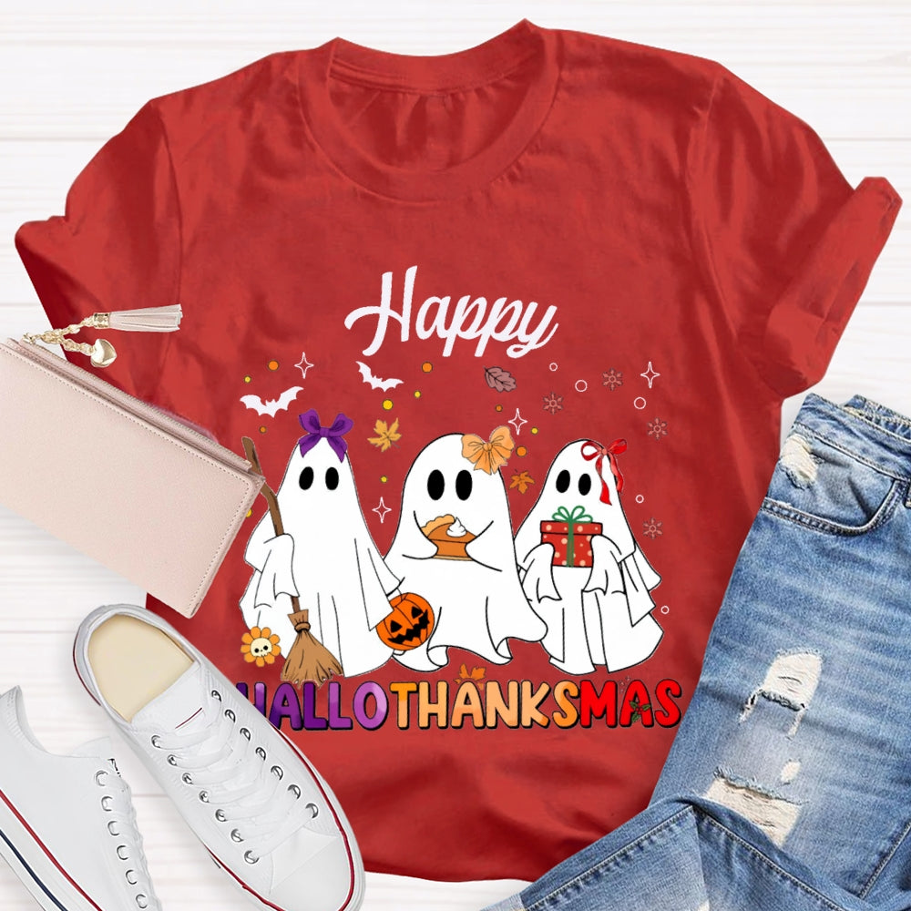 Happy Hallothankmas Three Cute Ghosts Holding Gifts T-shirt