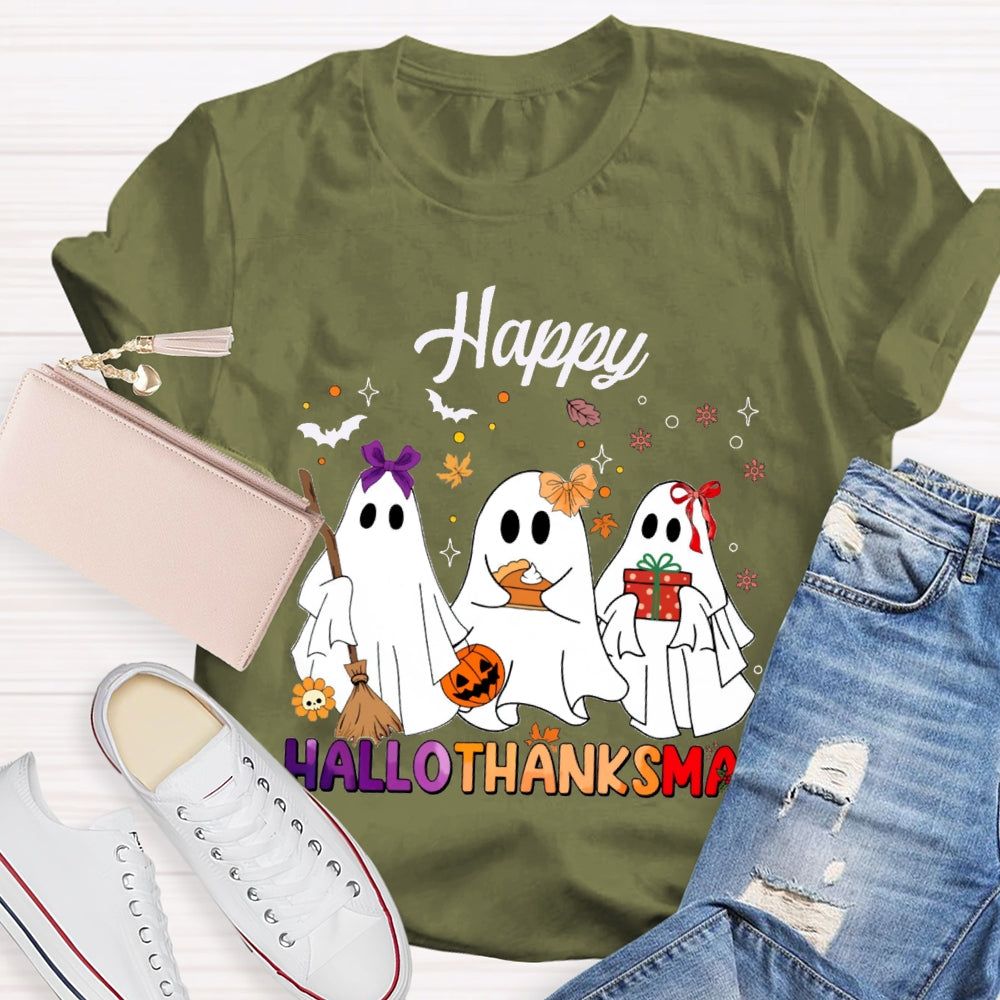 Happy Hallothankmas Three Cute Ghosts Holding Gifts T-shirt