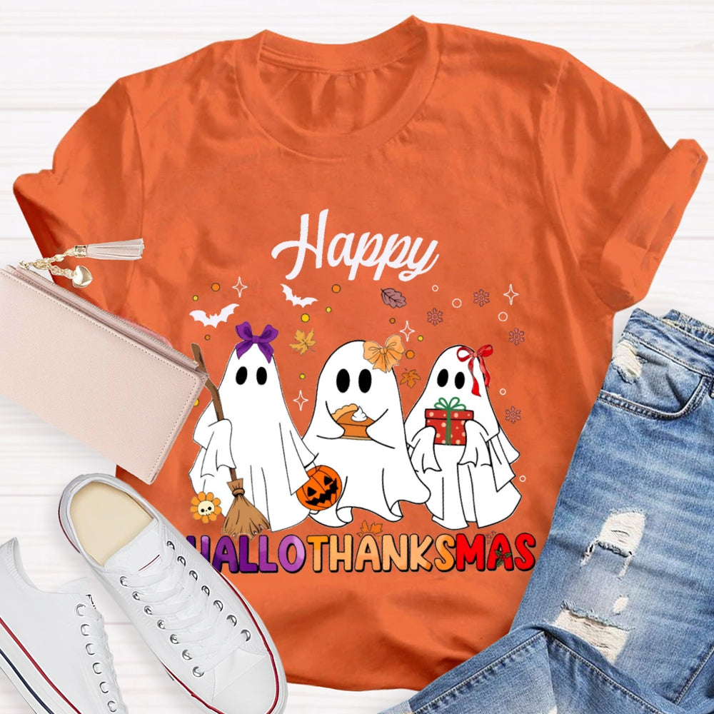 Happy Hallothankmas Three Cute Ghosts Holding Gifts T-shirt
