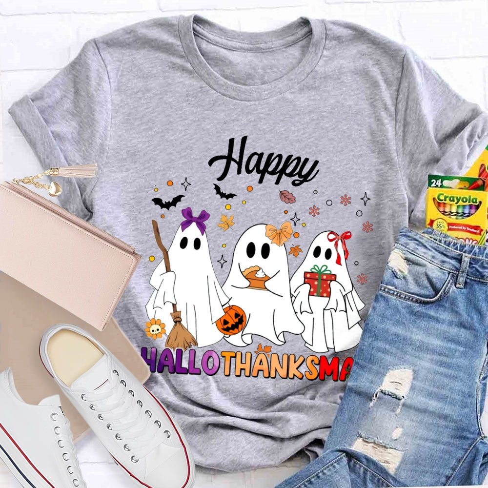 Happy Hallothankmas Three Cute Ghosts Holding Gifts T-shirt