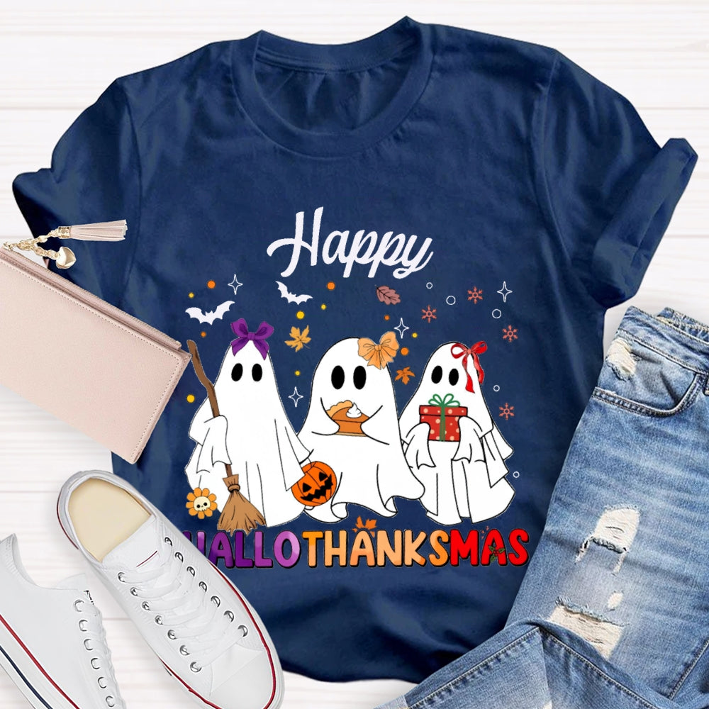Happy Hallothankmas Three Cute Ghosts Holding Gifts T-shirt