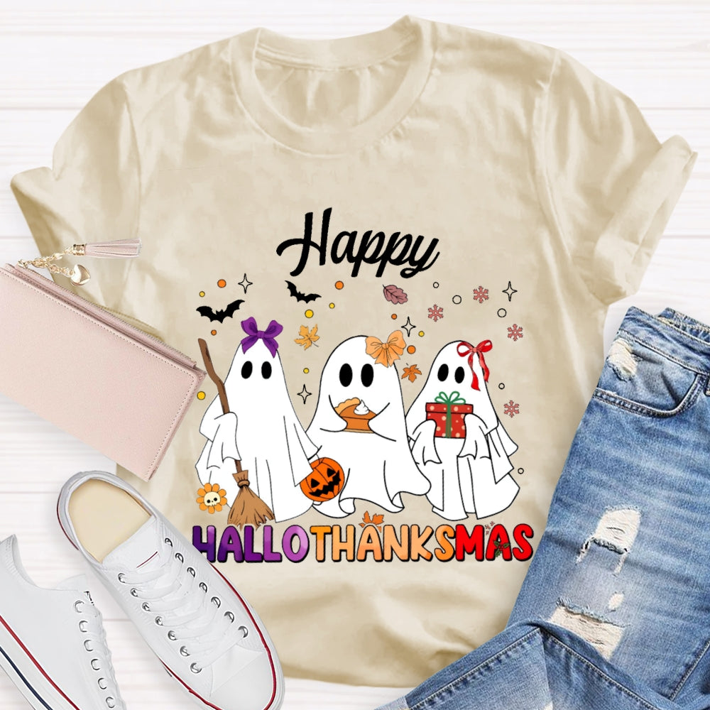 Happy Hallothankmas Three Cute Ghosts Holding Gifts T-shirt