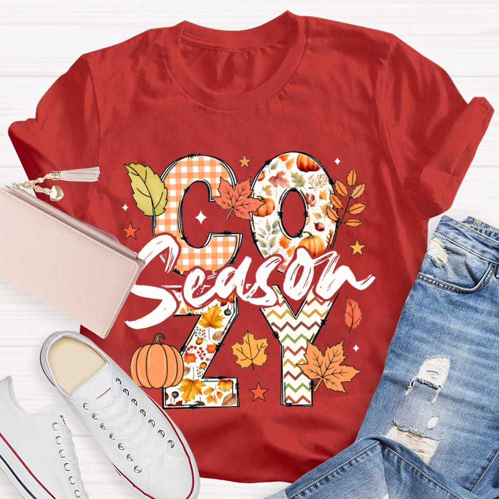 Cozy Season Pumpkin Maple Leaves And Colorful Fonts T-shirt