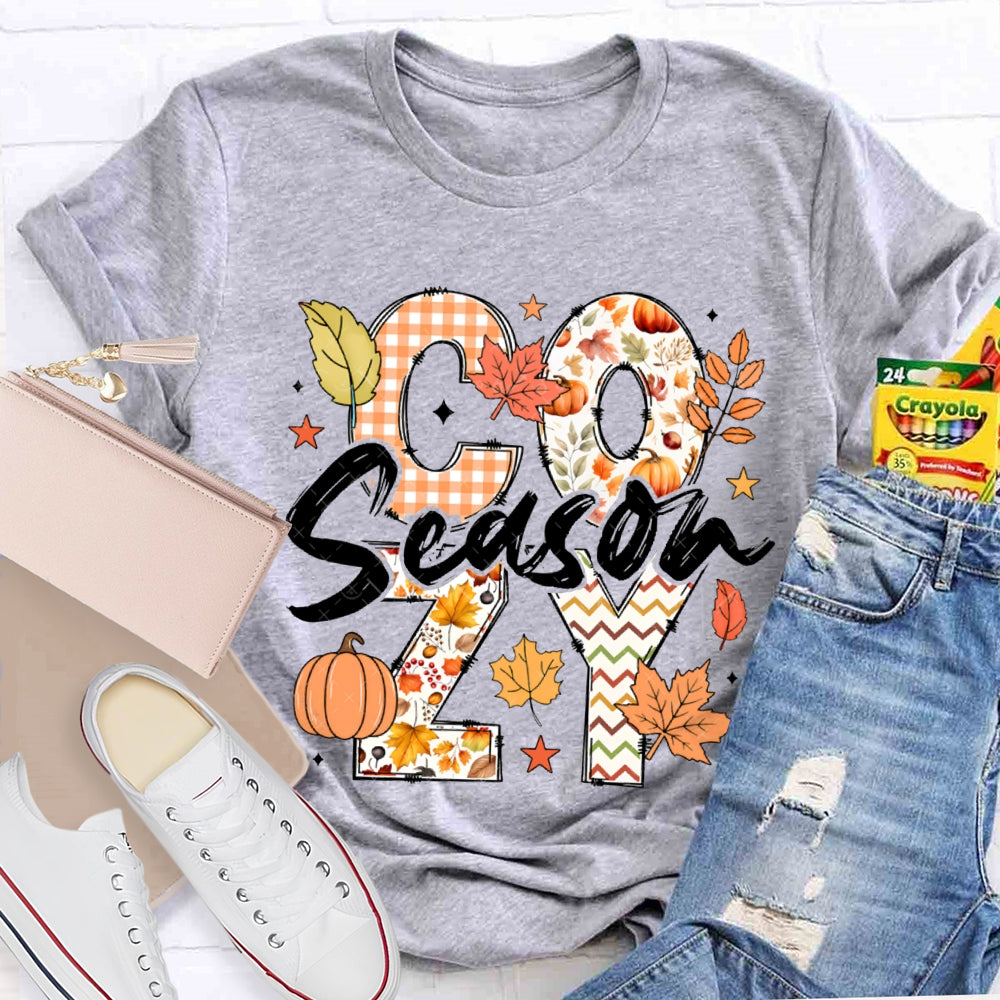 Cozy Season Pumpkin Maple Leaves And Colorful Fonts T-shirt
