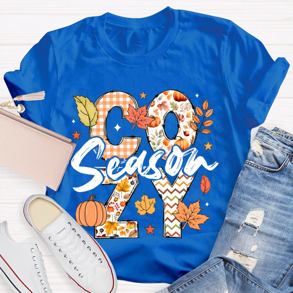 Cozy Season Pumpkin Maple Leaves And Colorful Fonts T-shirt