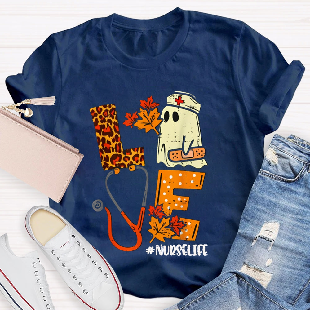 Love Nurselife Cute Ghost Nurse And Leopard Print Font T-shirt