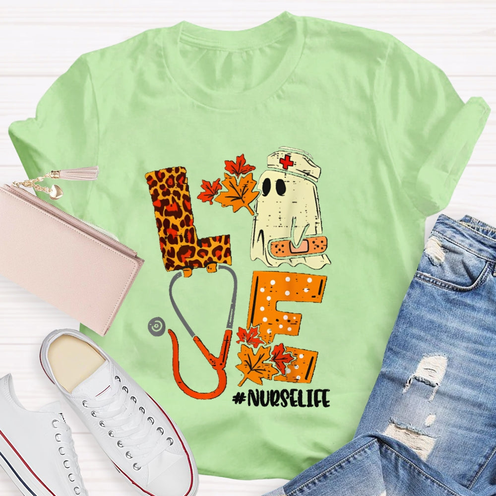 Love Nurselife Cute Ghost Nurse And Leopard Print Font T-shirt