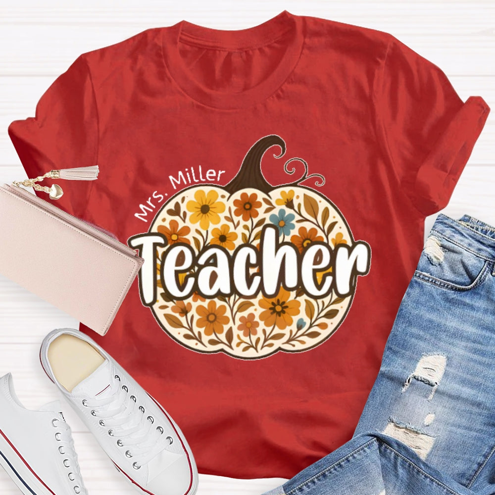 Personalized Name Teacher Pumpkin Flowers T-shirt